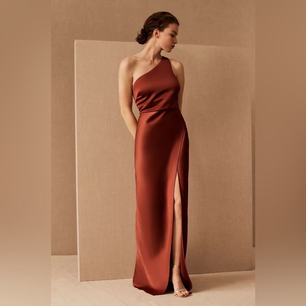 Elegant One-Shoulder Rust Floor Length Dress